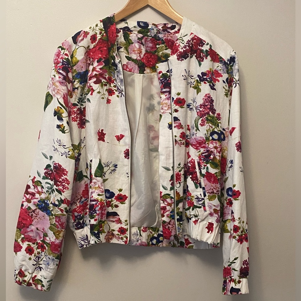 Spring Floral Lightweight Lined Elastic Waist Zip Up Jacket Sz M/L
